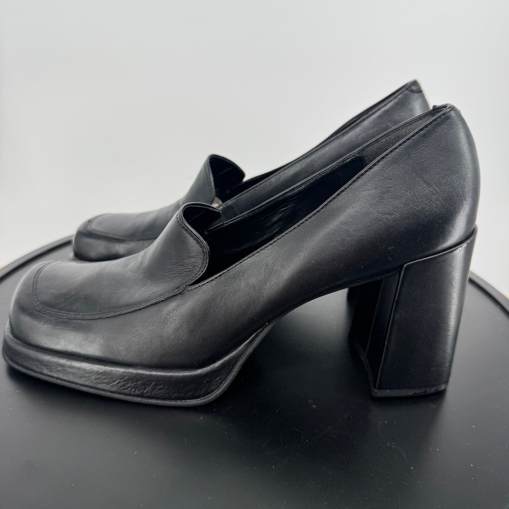 Apostrophe Freida Black Leather Platform Loafer Pumps Square Toe Block Heel 9.5M